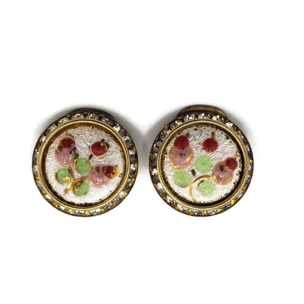 Vintage Metallic Enamel and Rhinestone Clip On Earrings